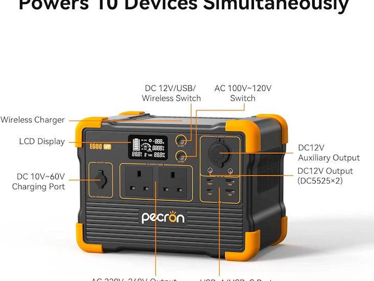 Pecron e600lfp portable power station, 1200w ac pure sine wave output, 614wh lifepo4 battery, 3.3-hour fast charge, 11-port solar generator for camping, home backup, rv, emergency power