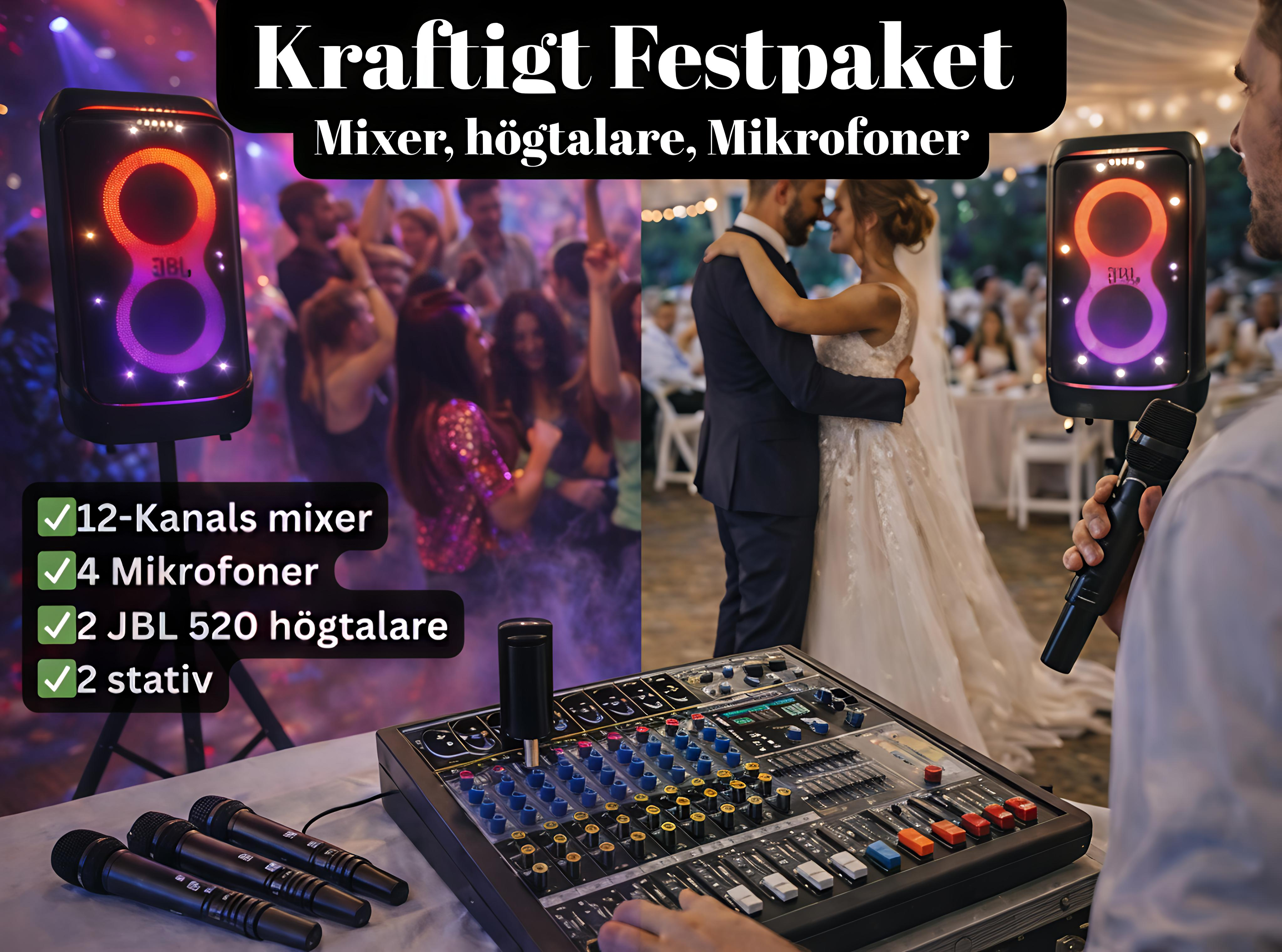 Kraftigt festpaket: 🔊🎤 jbl partybox paket – 2 högtalare, mixer & mikrofoner (karaoke / fest/ bröllop/ event) 🎉
