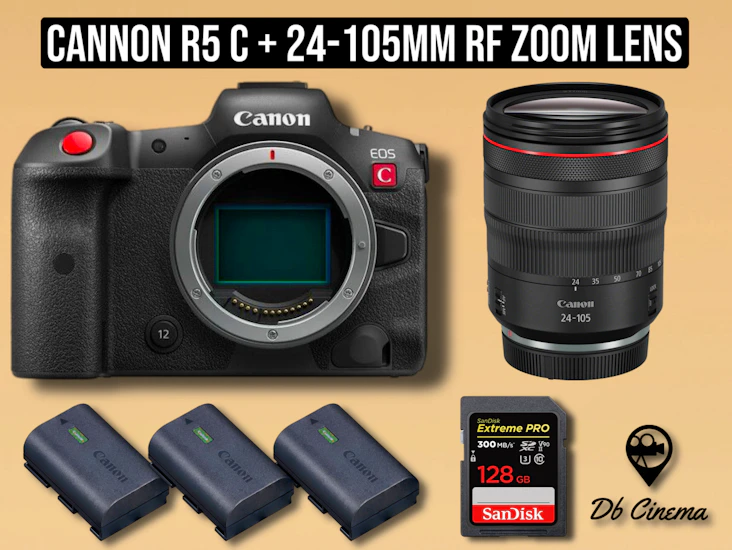 Cannon r5 c cinema camera + 24-105 rf lens + sd card + 3x batteries