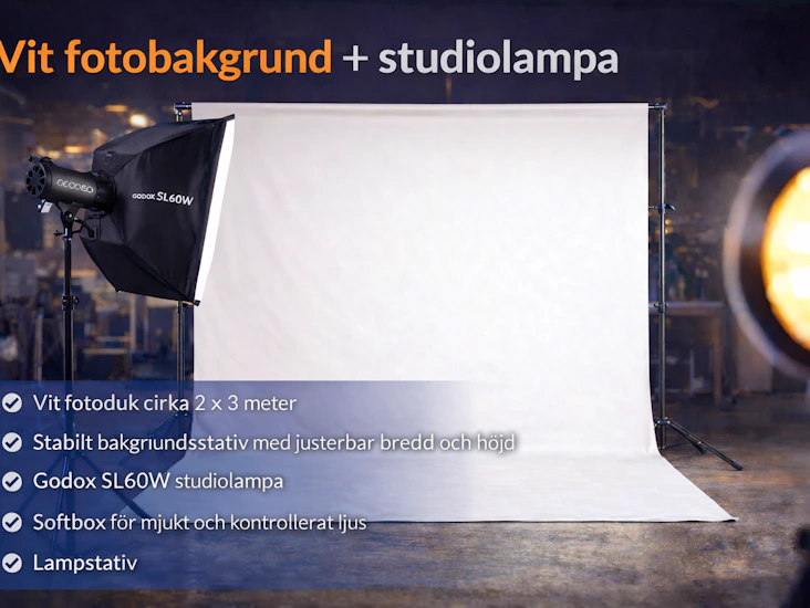 Vit fotobakgrund + studioljus – proffsigt ljus direkt