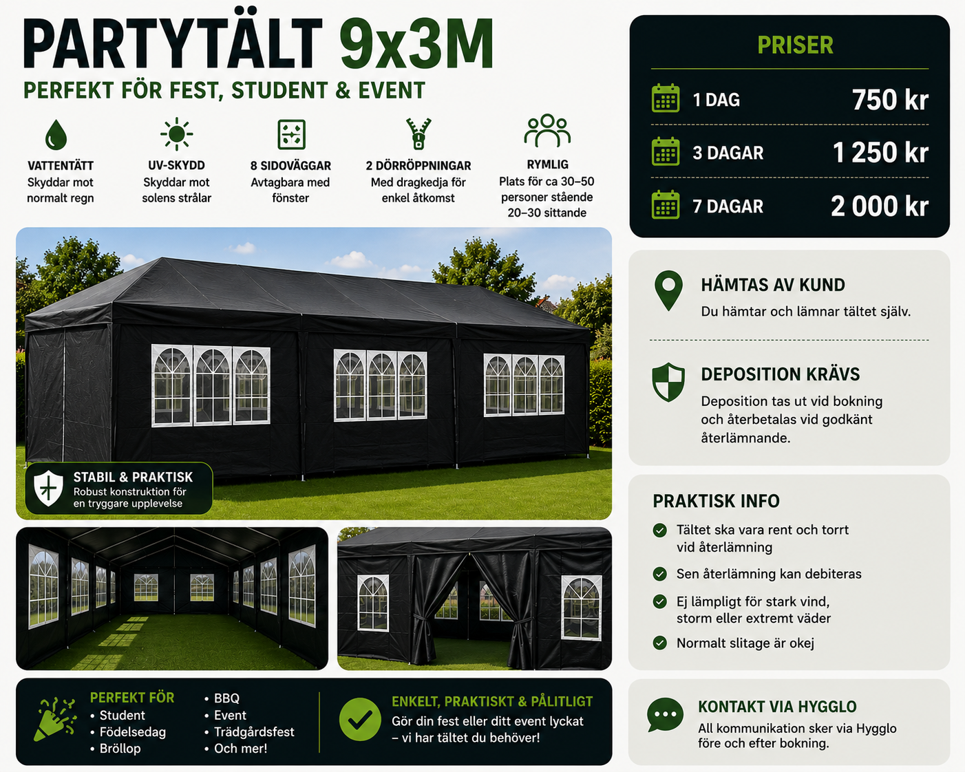 Vattentätt partytält 9x3m – perfekt för fest, student & event