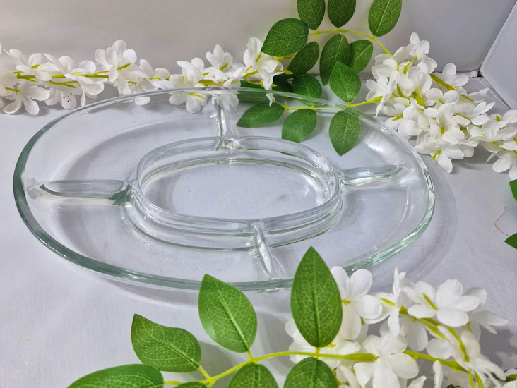Elegant clear glass sectioned serving platter - ideal for dips and appetizers