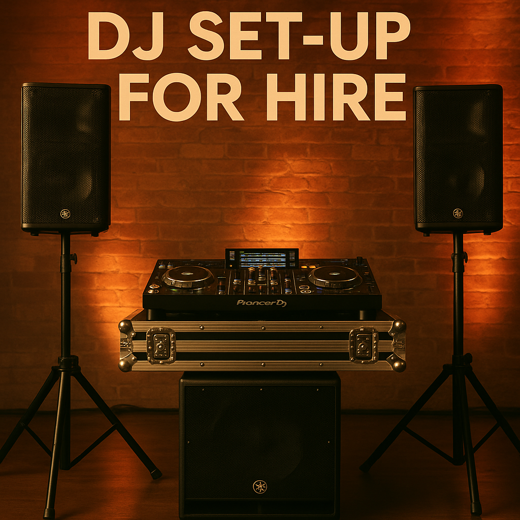 Dj setup. pa speakers, subwoofer + cdjs (rx3 pioneer controller) + microphone