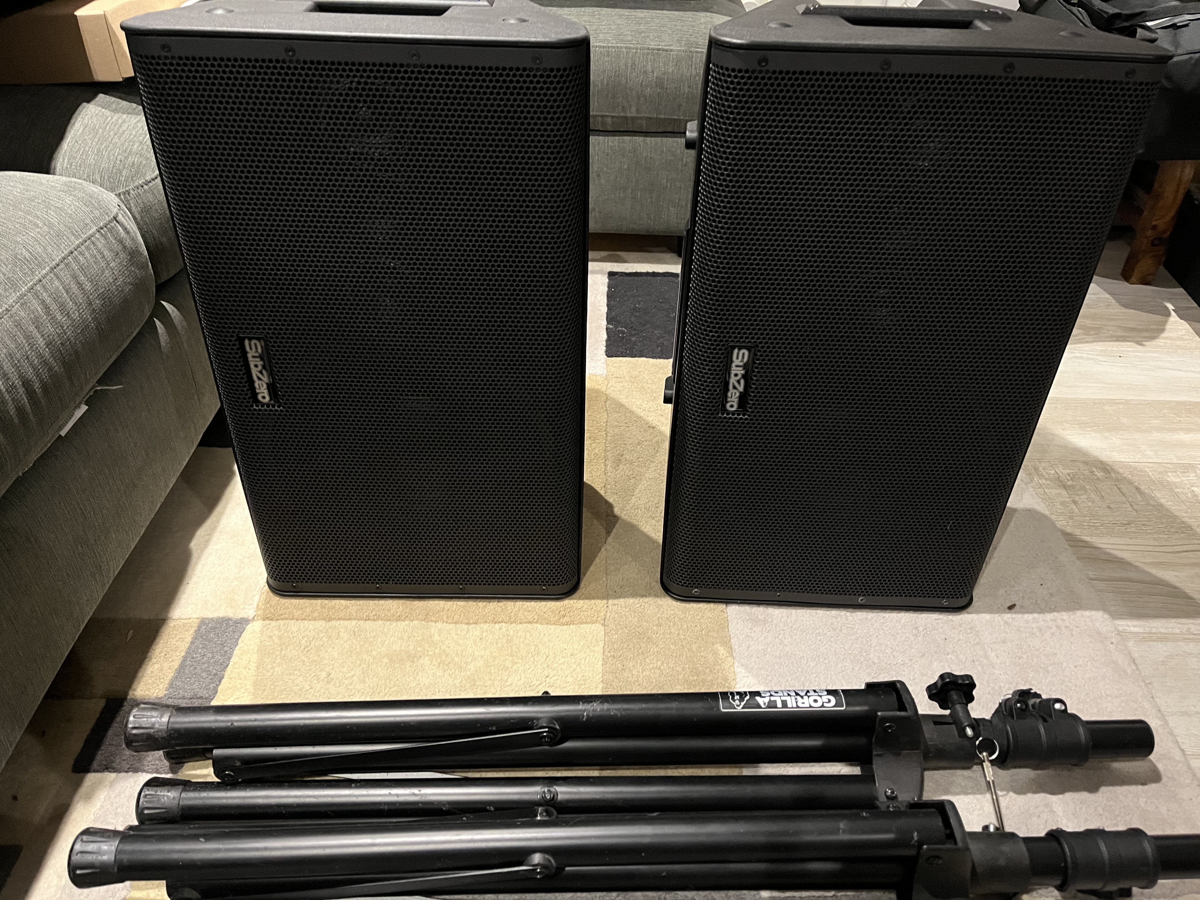 2x 12” active 500w 2-way speakers w/ soft cases, stands, iecs, xlrs