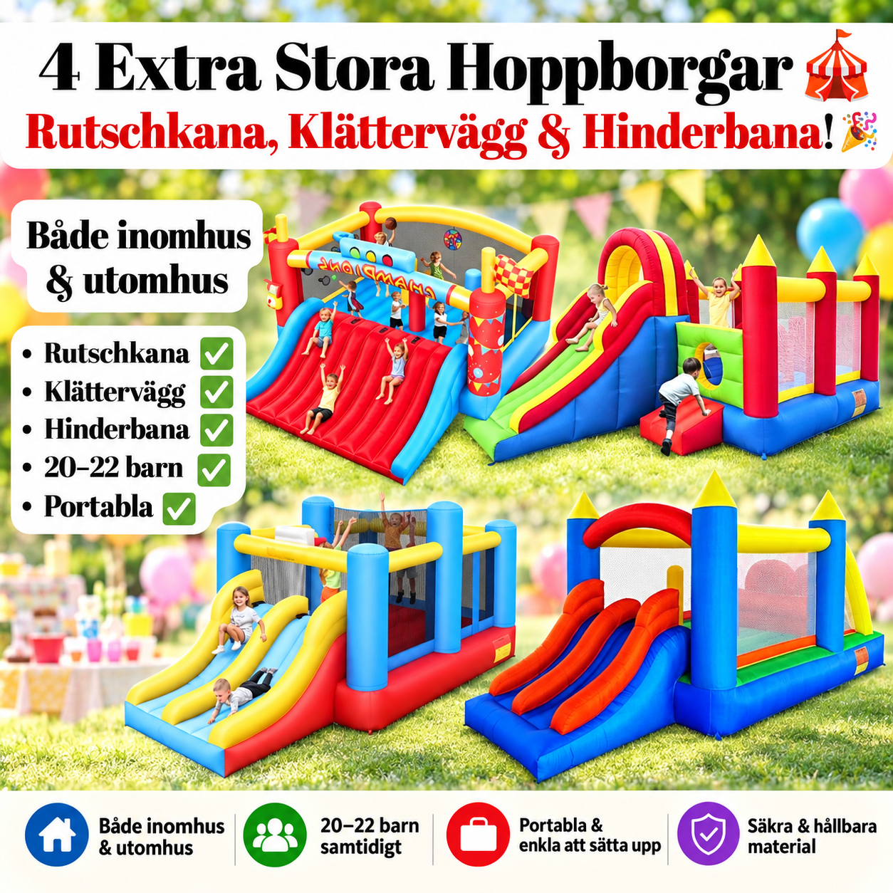 🎪🎉 4 stora hoppborgar – rutschkanor, klättervägg, hinderbana & basketkorgar! 