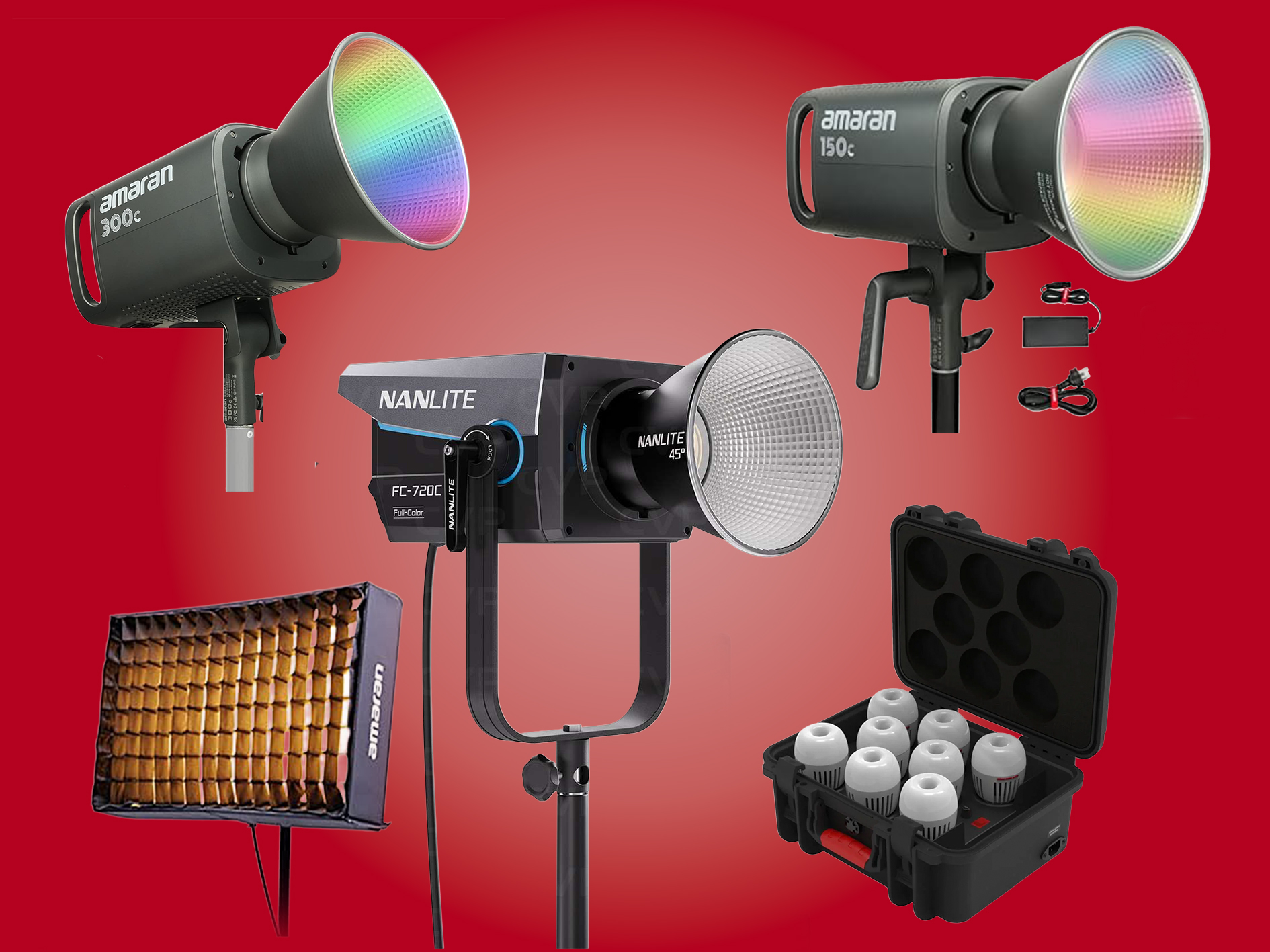 Light package - nanlite 720c, aputure amaran 300c, 150c, 21x and apututre b7cc 8