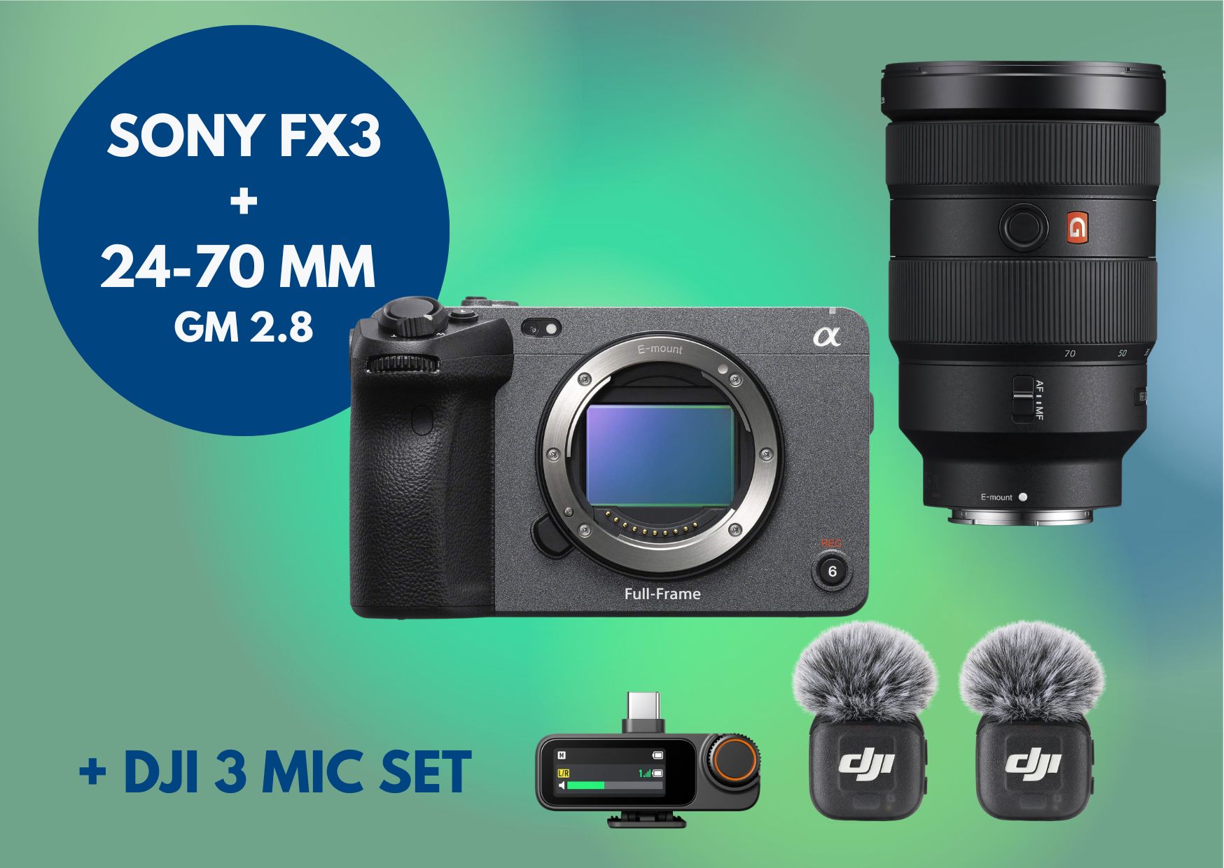 Sony fx3 camera + sony 24-70 mm lens + dji mic 3 . wireless mic and camera