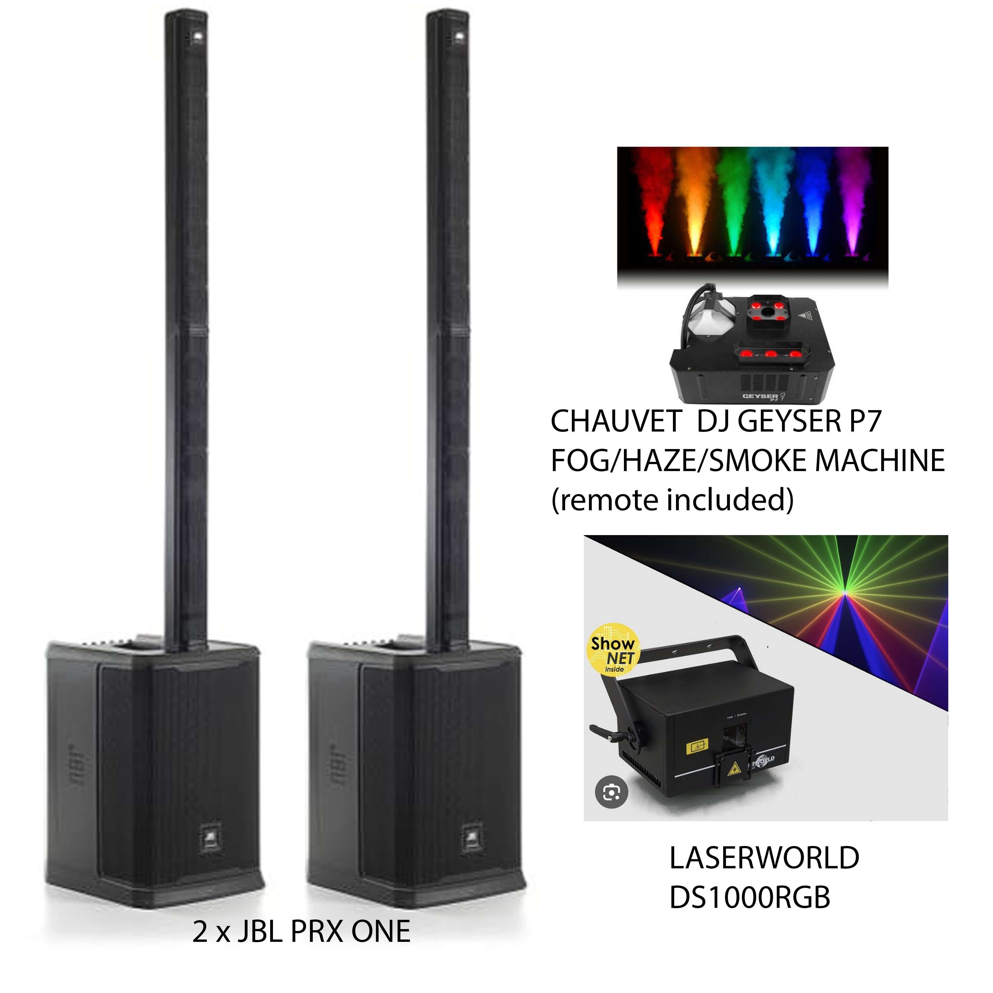 2 x jbl prx one 4000w speakers, chauvet  dj geyser p7 fog/haze/smoke machine  + laserworld ds1000rgb