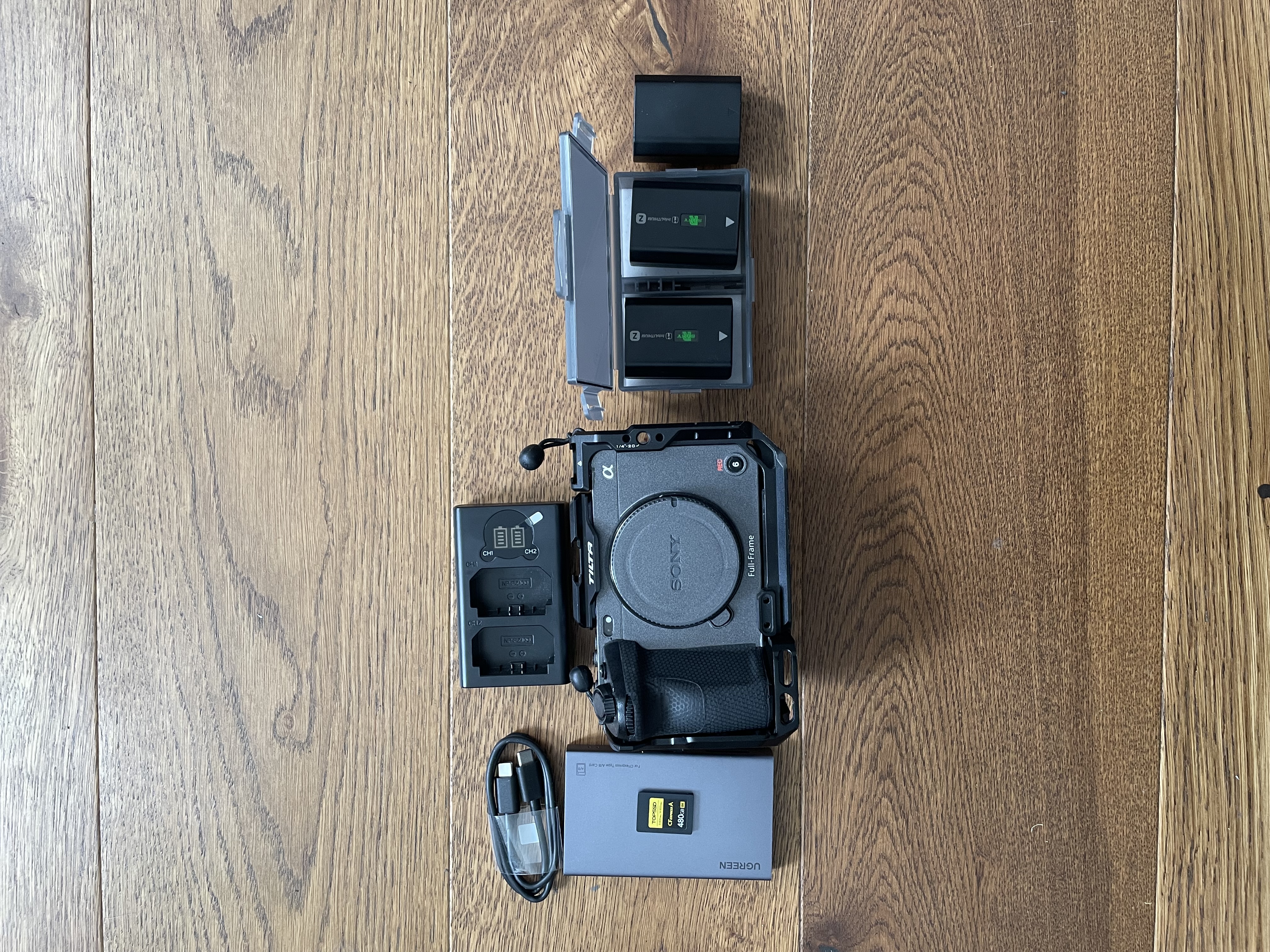 Sony fx3 full-frame cinema camera with tilta cage, 480gb card and 3 batteries