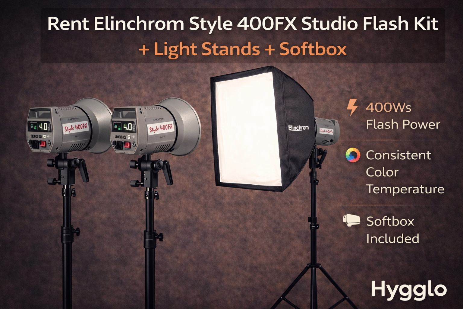Elinchrom fx 400 studio flash kit + light stands + softbox