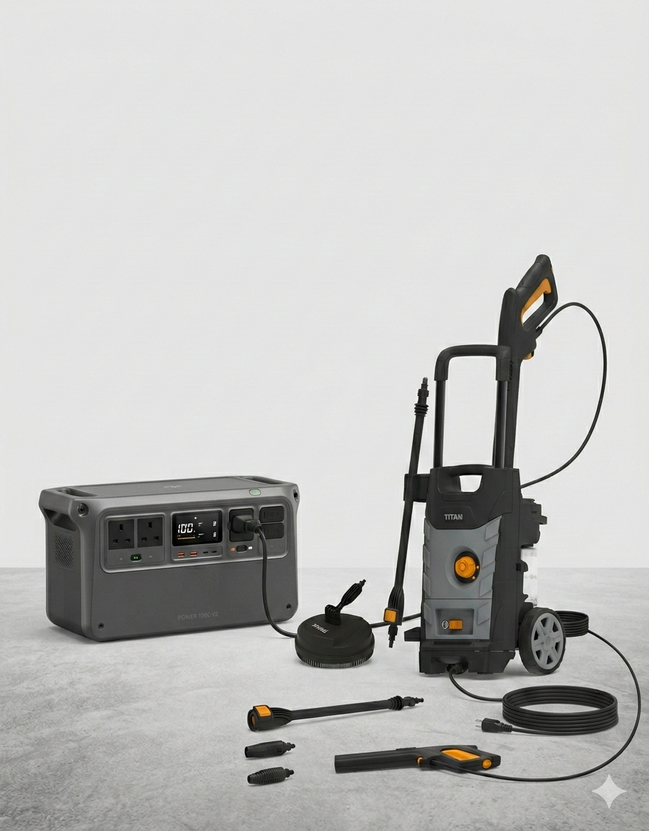 Battery powered jet wash: 1800w, 140 bar portable cleaning system (dji power 1000 v2 + titan ttb1800prw)