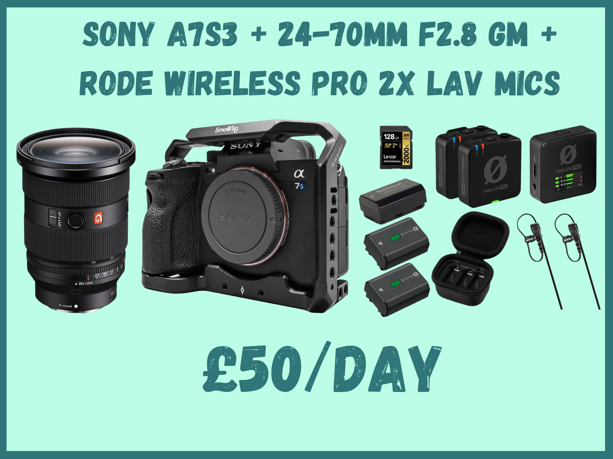 Sony a7s3 + sony 24-70mm 2.8 + rode wireless pro with lav mics
