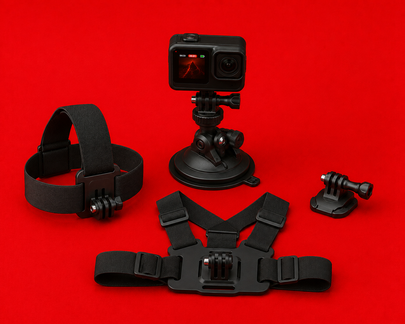 Gopro mission 1 pro + suction mounts + head mount + chest mount
