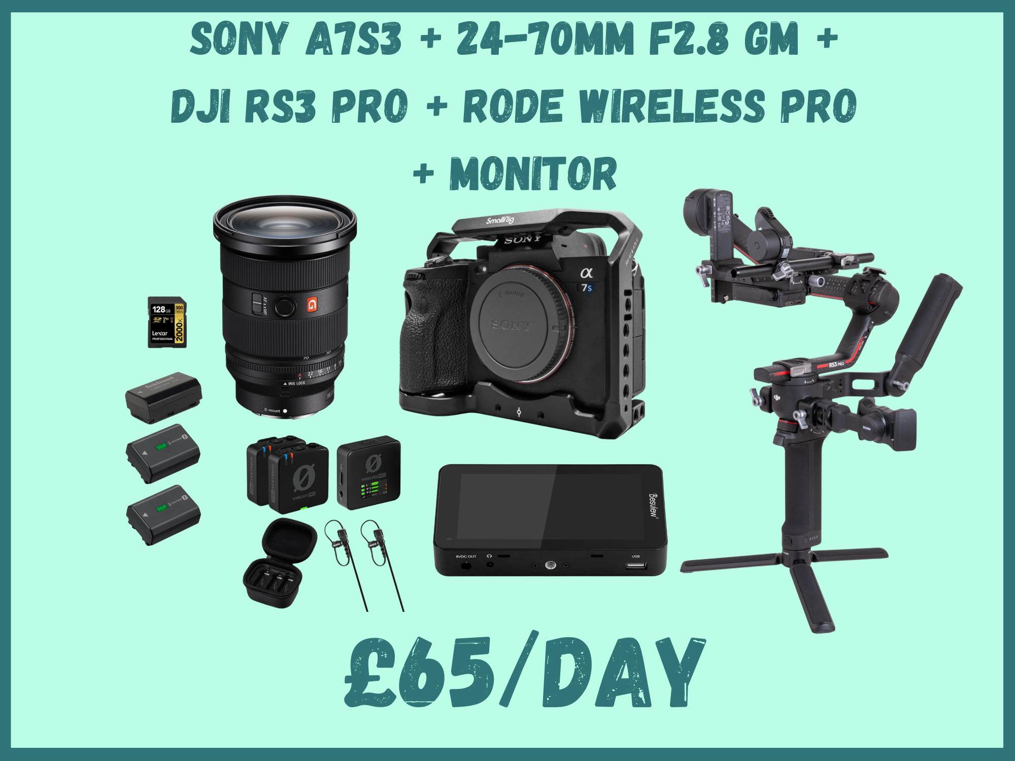 Sony a7s3 + sony 24-70mm f2.8 gm lens+ 128gb sd + dji rs3 pro combo gimbal +