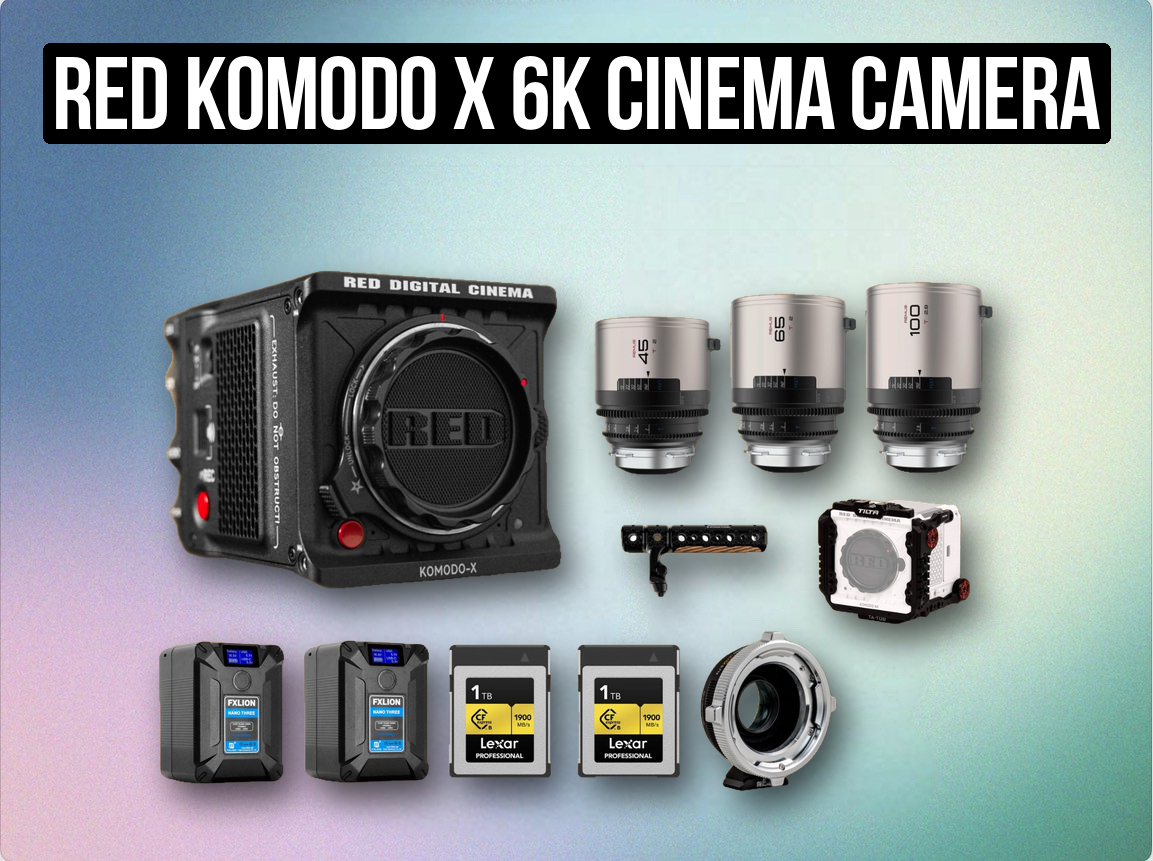 Red komodo x 6k cinema camera digital rf arri pl mount + 3x anamorphic lens remus blazar set + 2x v mounts + 2tb storage