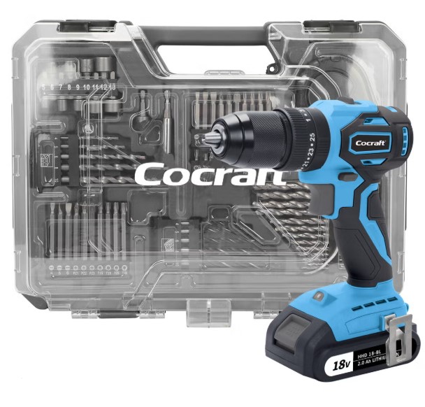 Cocraft 18v drill/skrumaskin med komplett tilbehørssett til leie
