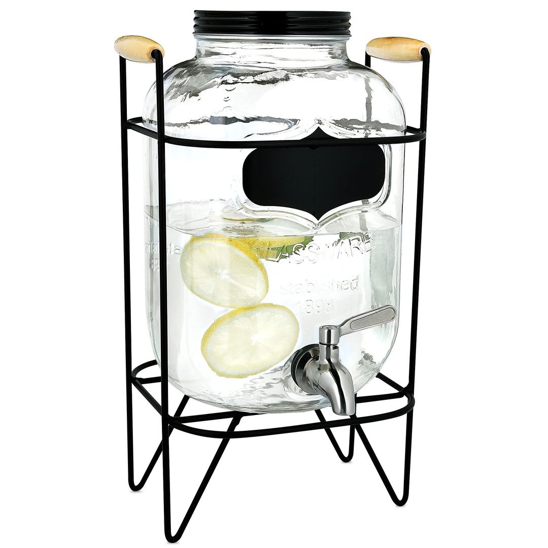 Glass drinks dispenser 5l with stainless steel tap & wire stand – clear