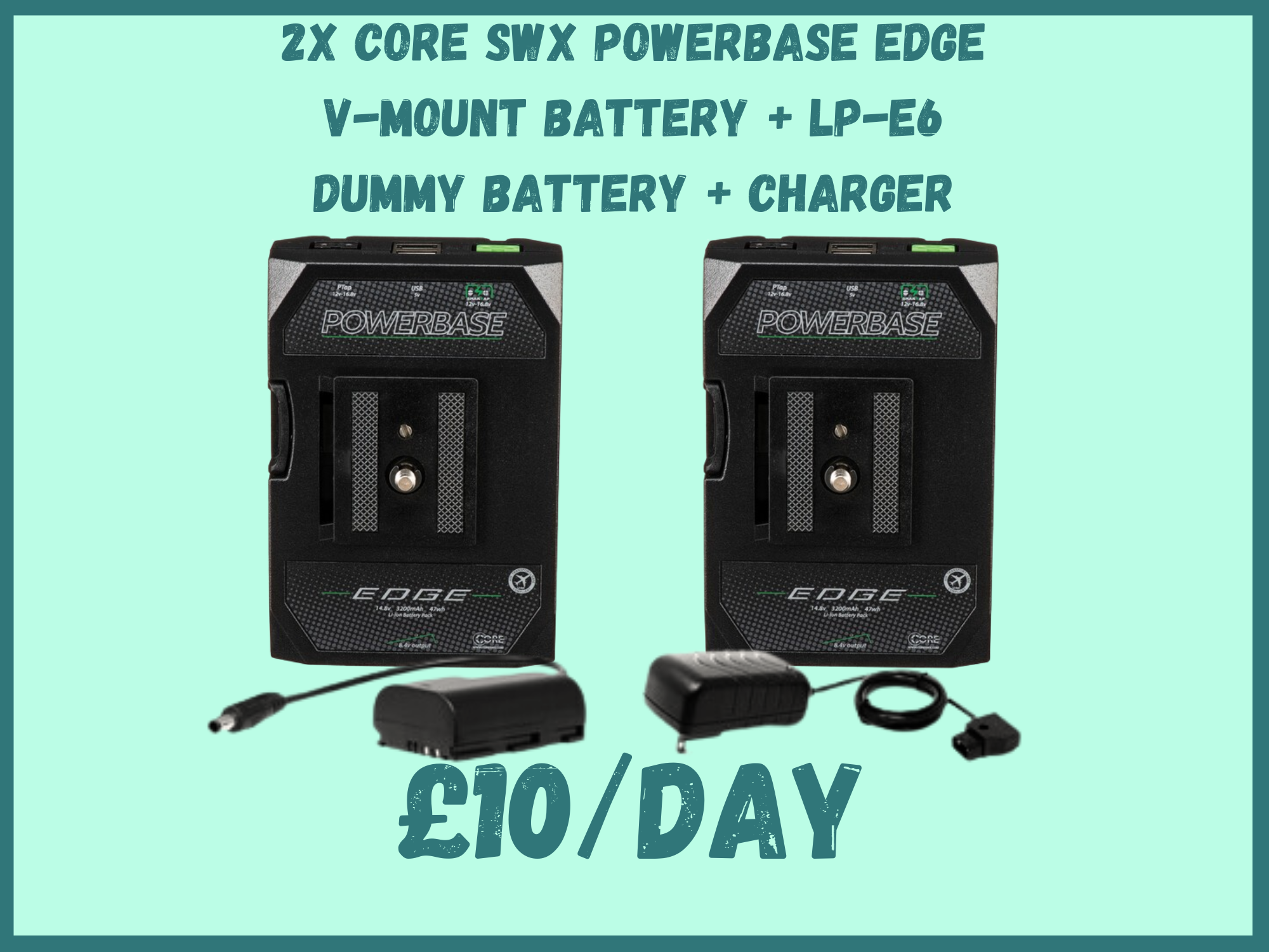 2x core swx powerbase edge v-lock battery + lp-e6 dummy battery + charger