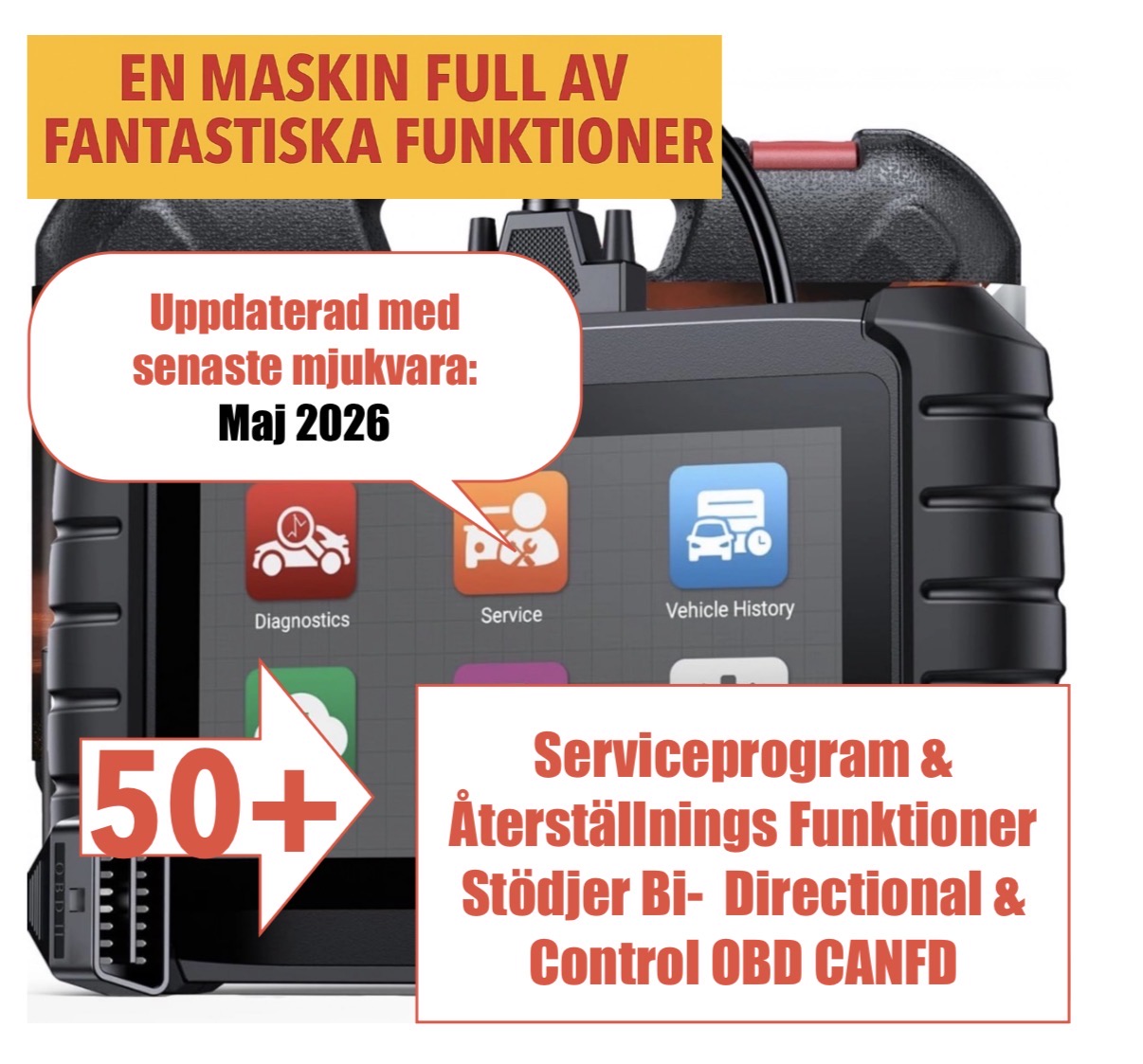 Icarsoft obd diagnostikverktyg bil felkodsläsare med 50+ service- & återställnings funktioner, bi-directional control, canfd vd