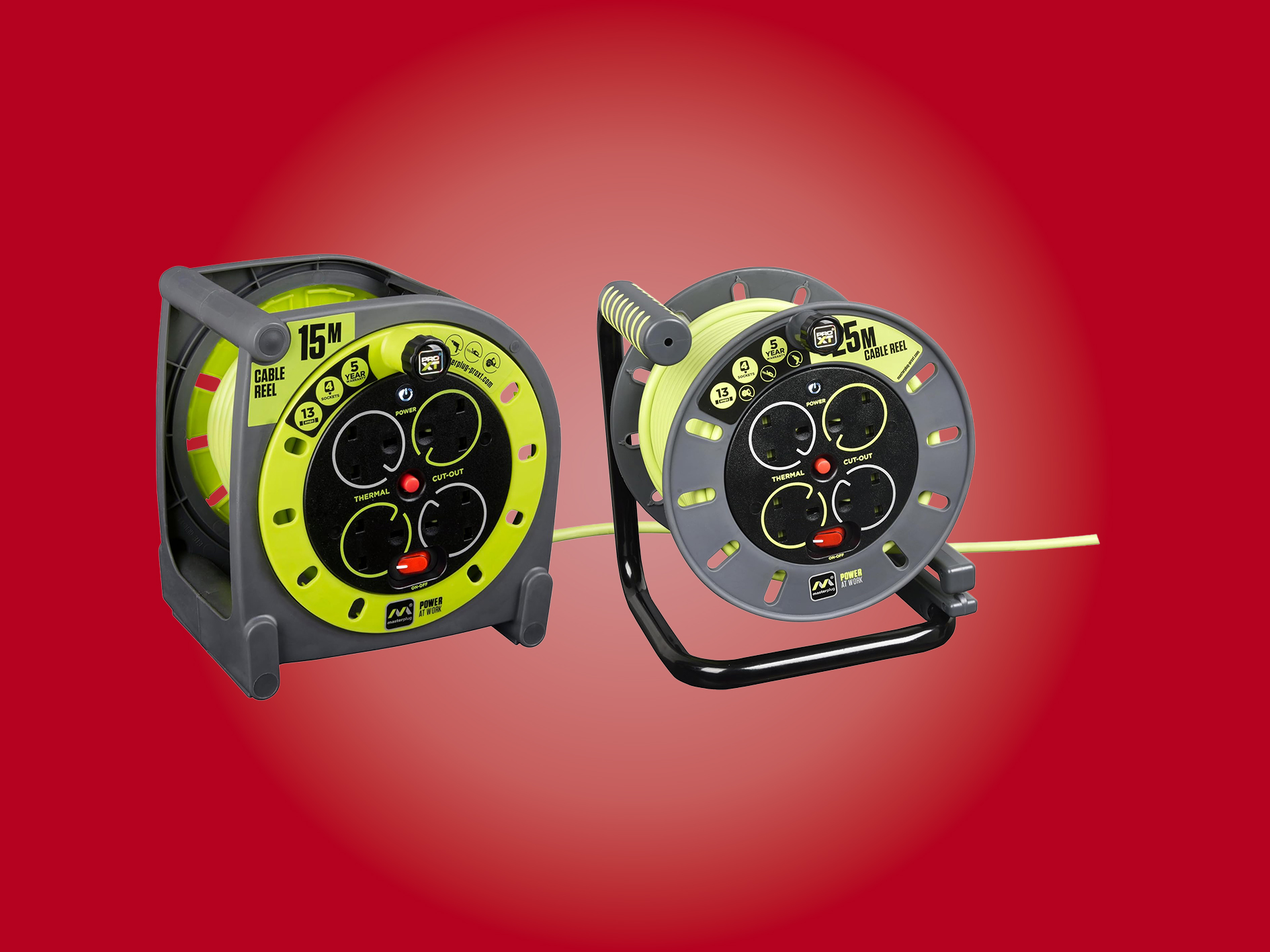 2 x masterplug four socket, 1 x 15 metre  and 1 x25 metre premium case reel thermal cut-out & power indicator, 13a, 