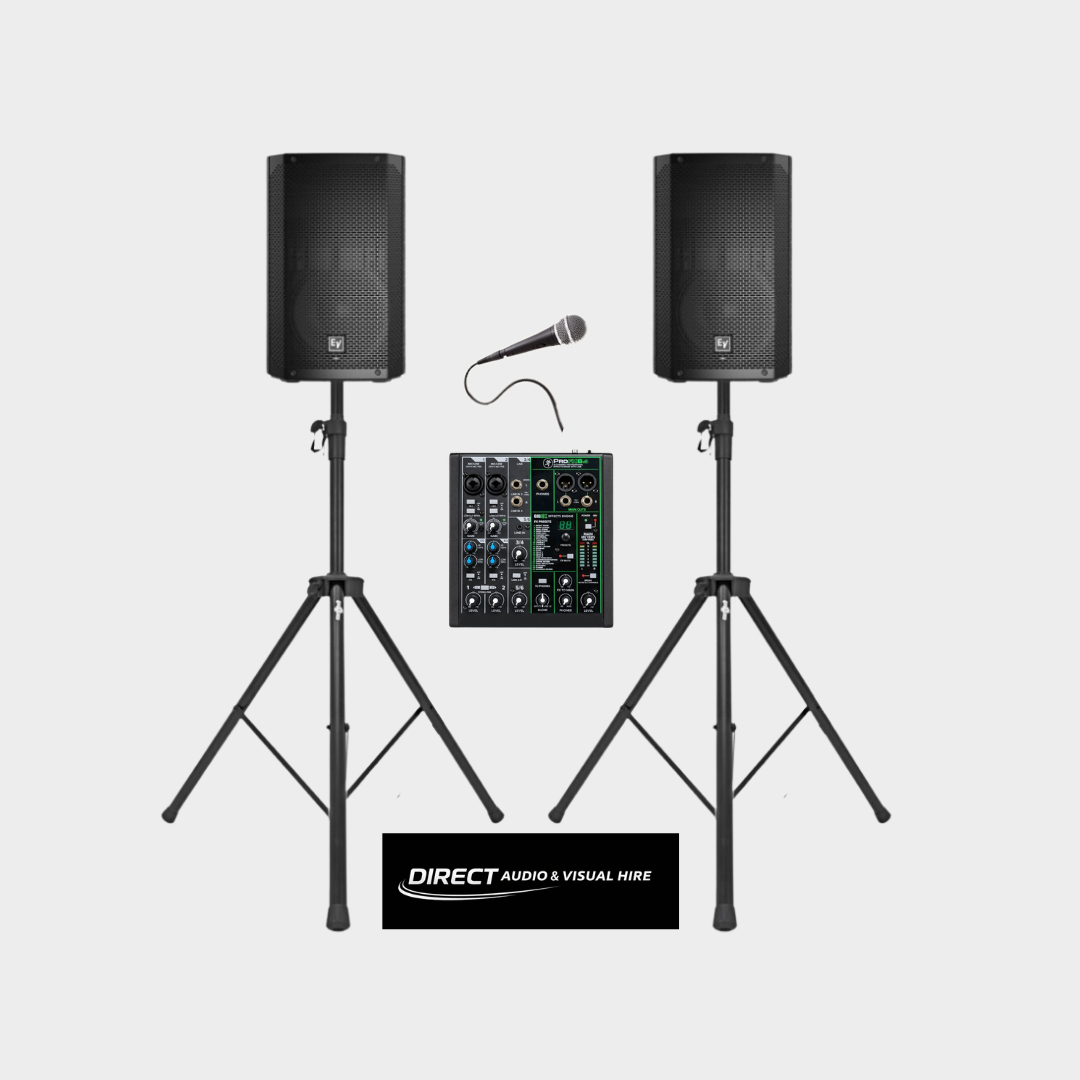 X2 active speakers 12" (1,000-1,500 watts),  x2 speaker stands, x1 mixer, x1 wired microphone, x1 aux cable, x1 rca cable