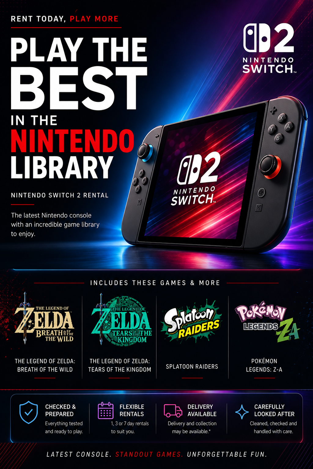 Nintendo switch 2 rental | zelda, pokémon & splatoon included