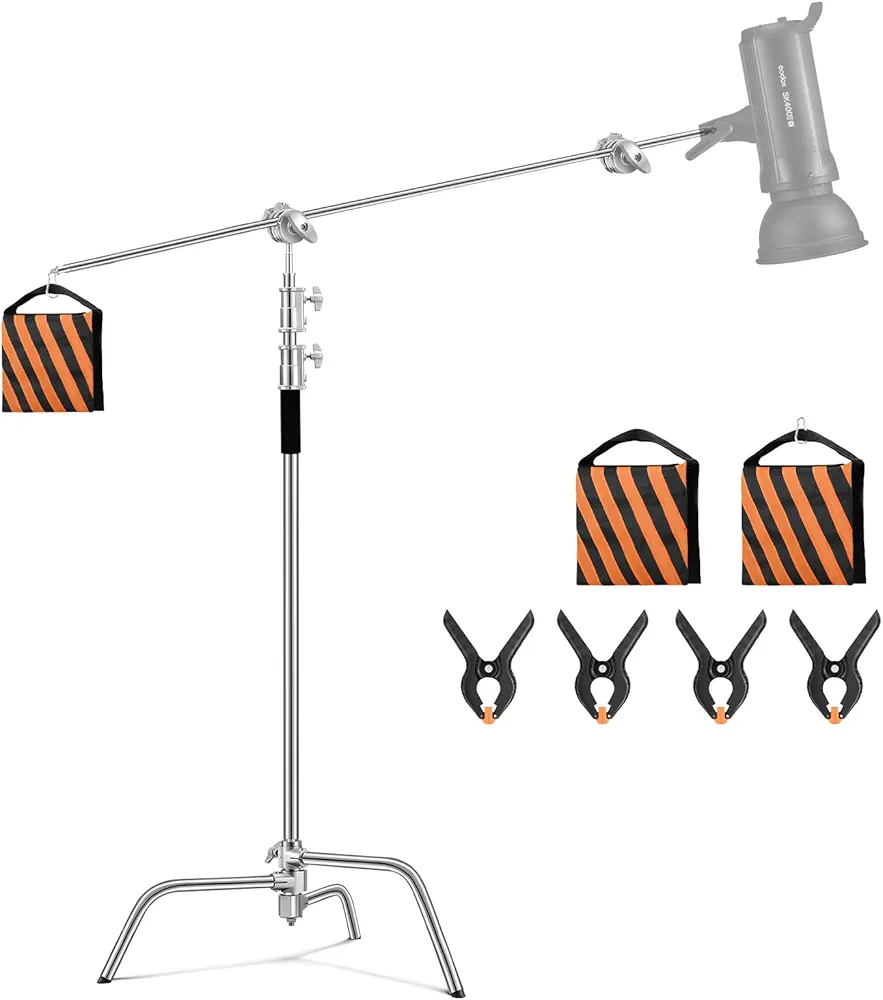 Soonpho c-stand 100% stainless steel heavy duty photography 330cm light c stand with 4.2ft/128cm extension boom arm and spring damping for recording studio, reflector, softbox, monolights（silver）
