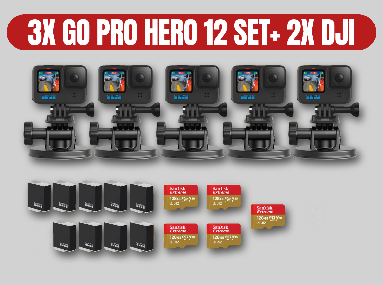 Gopro hero 12 & dji osmo action 5 pro action kit | 3x gopro hero 12 / 2x dji osmo action 5 pro / 5x 128gb sd cards / 10x batteries / 5x suction mounts