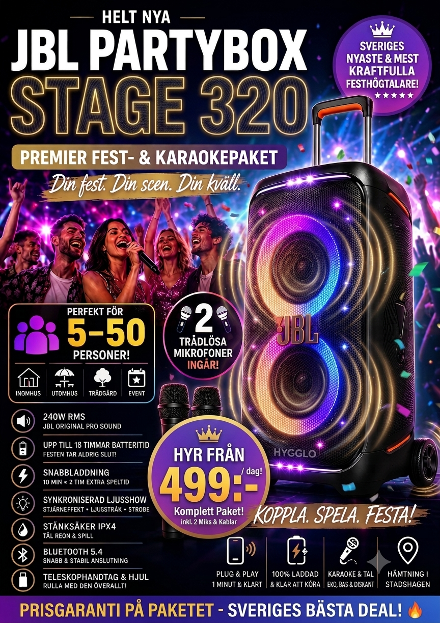 Karaoke & festpaket | upp till 50 pers | jbl stage 320 + 2 trådlösa mics