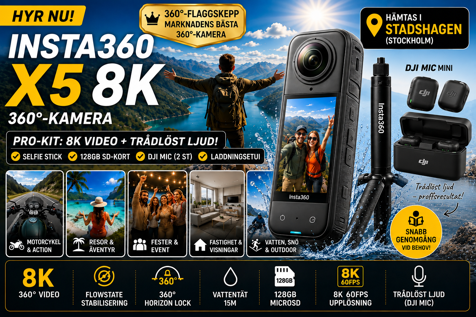 🎥 insta360 x5 8k + dji mic mini pro-kit | komplett video & ljud | resa, content,