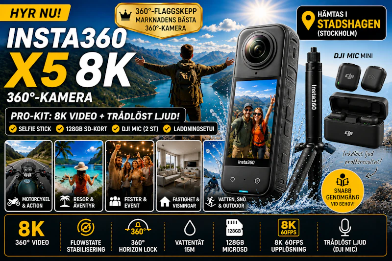 Insta360 X5 8K + DJI Mic Mini pro-kit – komplett video & ljud