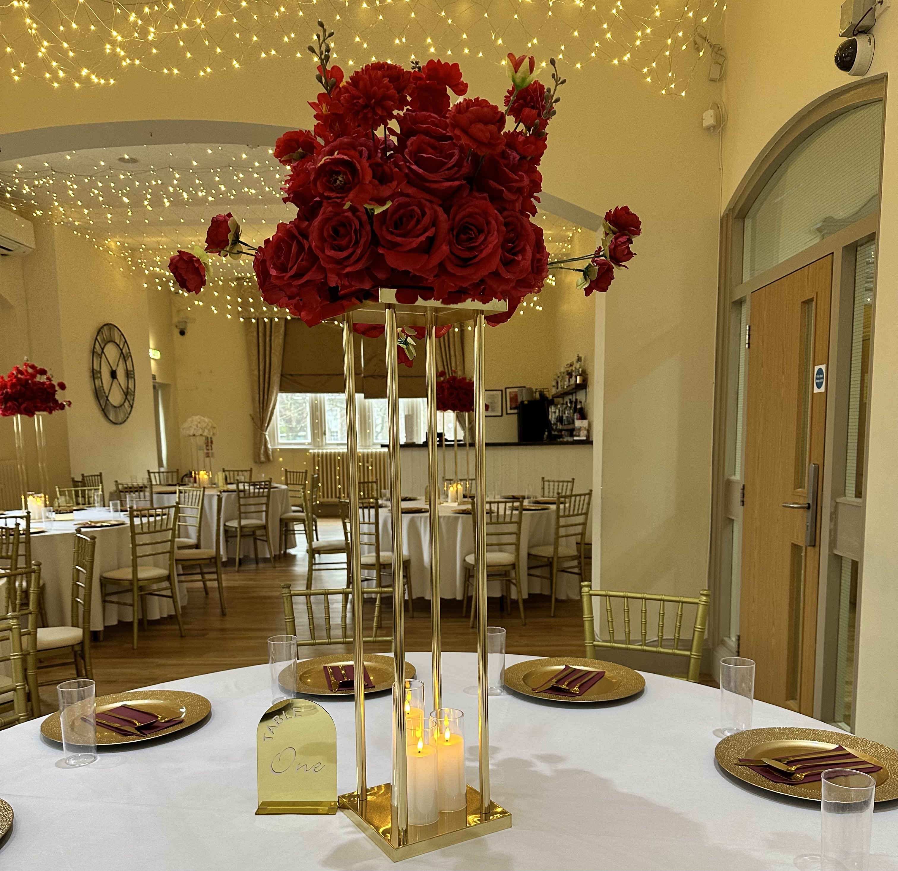 Red silk floral ball centrepiece 5d w/ gold stand