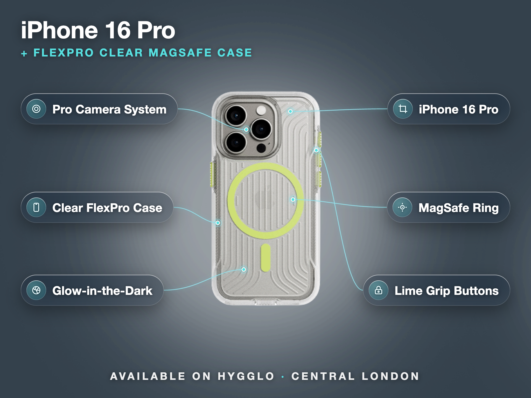 Apple iphone 16 pro with flexpro clear glow-in-the-dark magsafe case