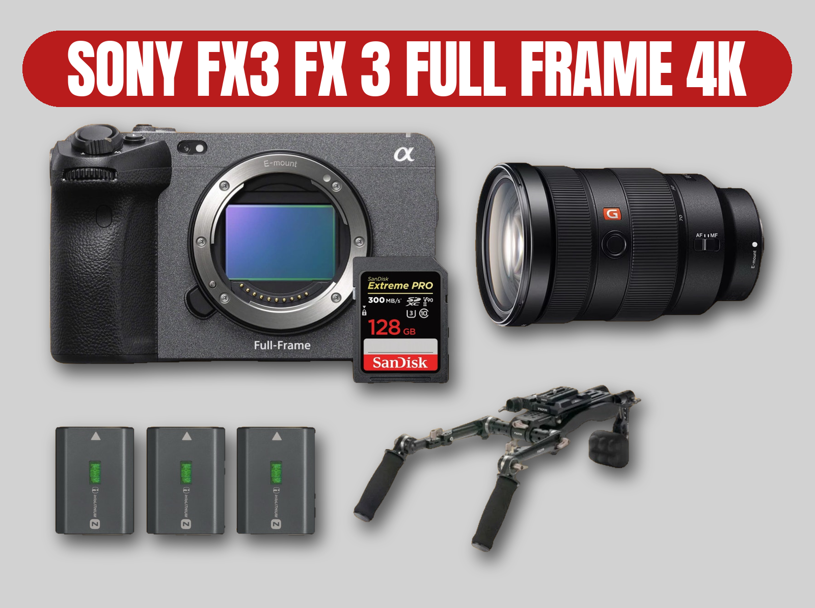Sony fx3 full frame 4k mirrorless camera kit | fx 3 / 24-70mm f2.8 g master (gm) zoom lens / tilta shoulder rig