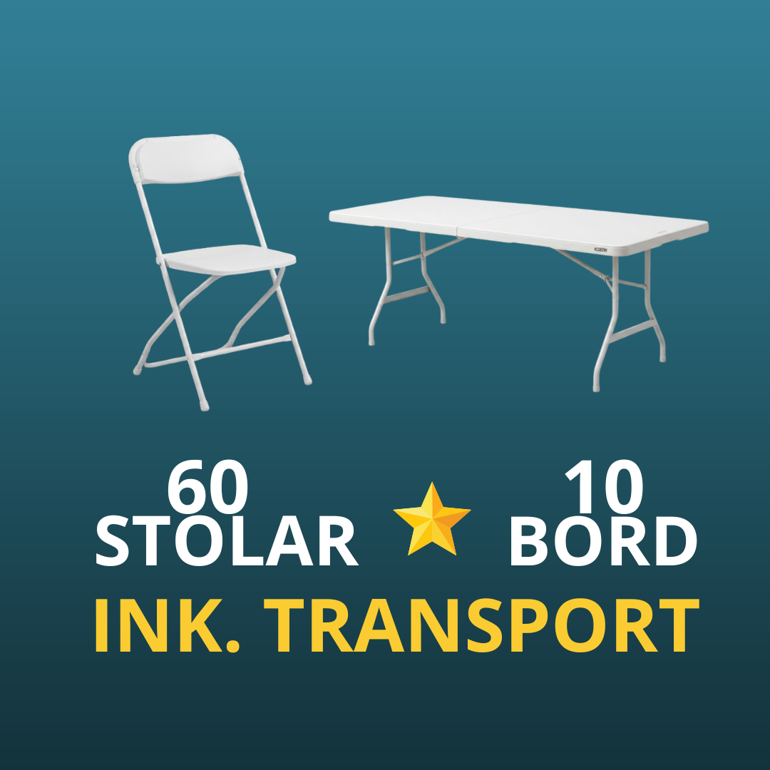 10 fällbord  med 60 vita/svarta klappstolar - paketpris ⭐ (inklusive transport)