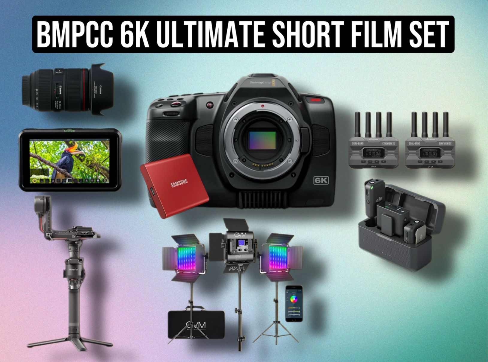 Bmpcc 6k pro ultimate short film set – full blackmagic cinema camera kit with canon 24-105mm lens, dji gimbal, atomos monitor, rgb lighting & wireless mics | professional filmmaking package