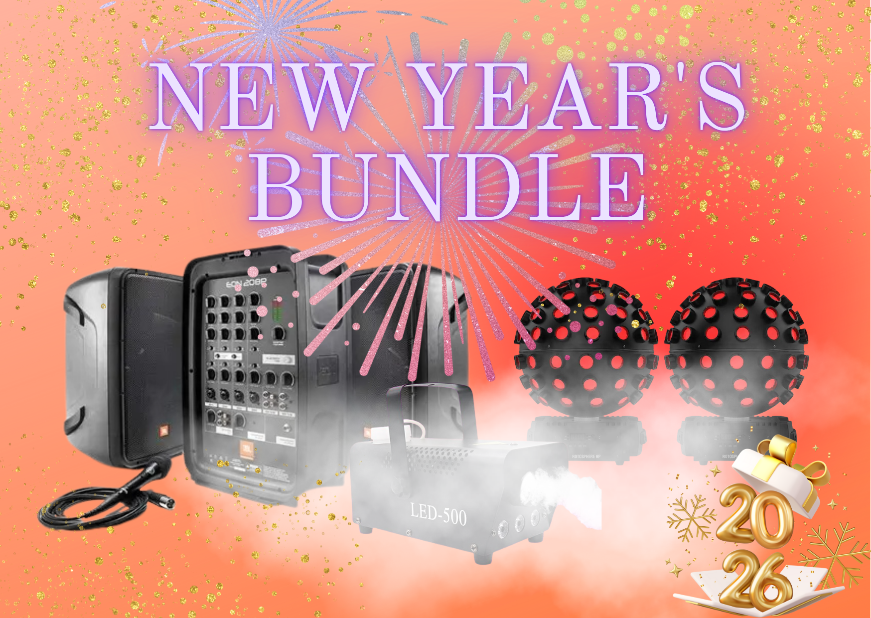 New years party kit bundle jbl speakers + 2x chauvet rotosphere lights + smoke machine