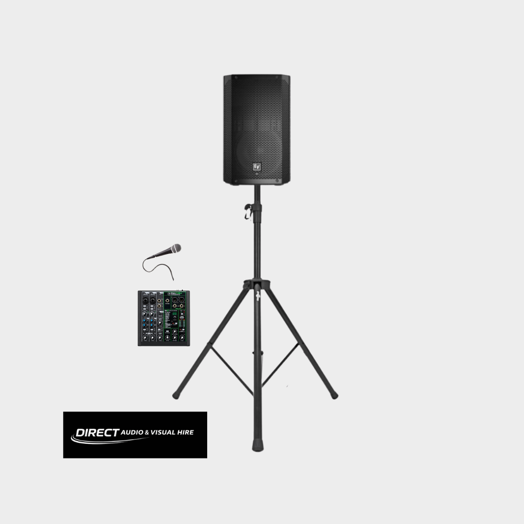 X1 active speaker 12" (1,000-1,500 watts),  x1 speaker stand, x1 mixer x1 wired microphone, x1 aux cable, x1 rca cable