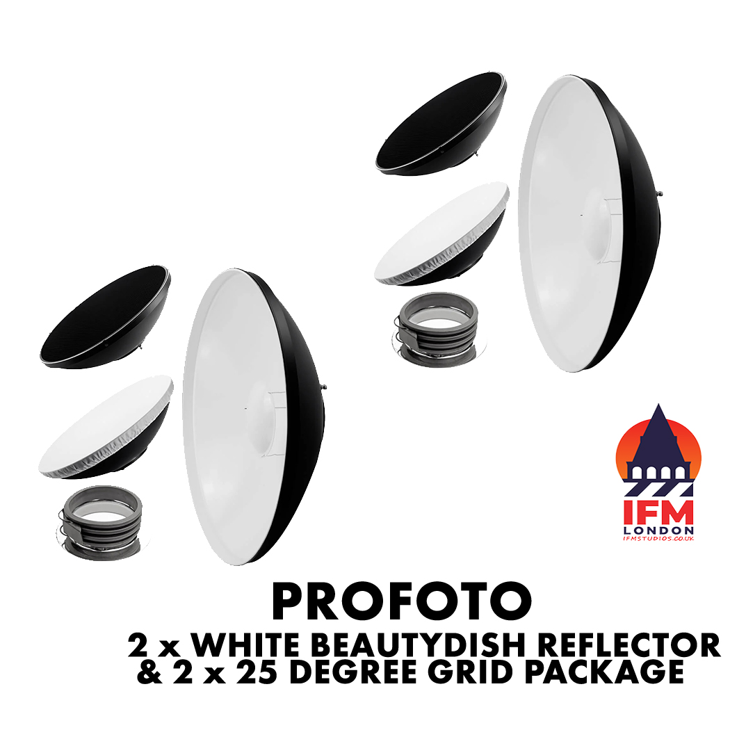 2 x profoto white beauty dish reflector with 2 x 25 degree grid + diff package