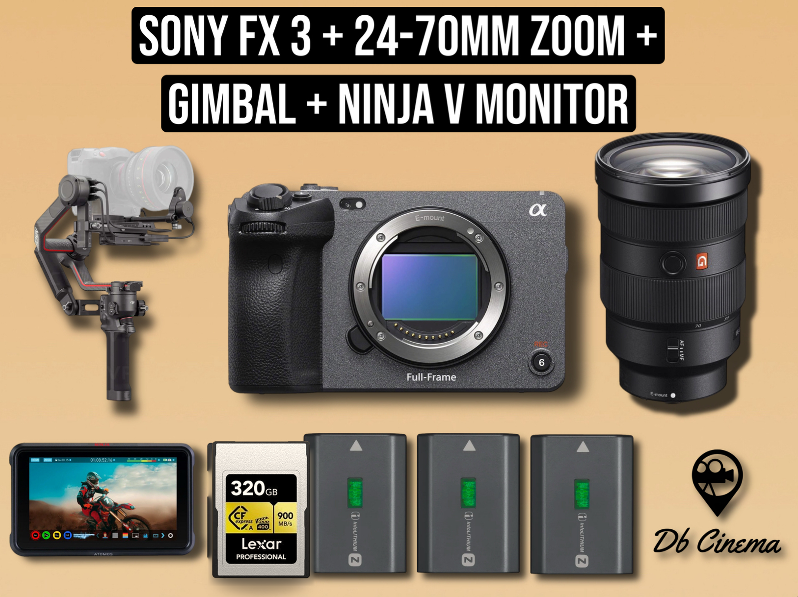 Sony fx3 fx 3 cinema camera 4k + sony 24-70 mm f2.8 zoom lens gmaster gm g-master + dji rs 2 gimbal ronin + atomos ninja v monitor recorder