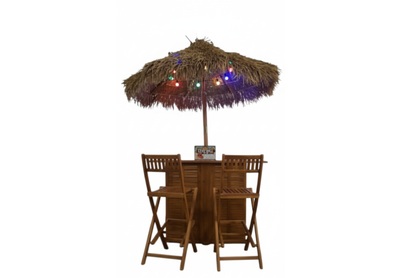 Teakbar med stolar, parasoll och belysning