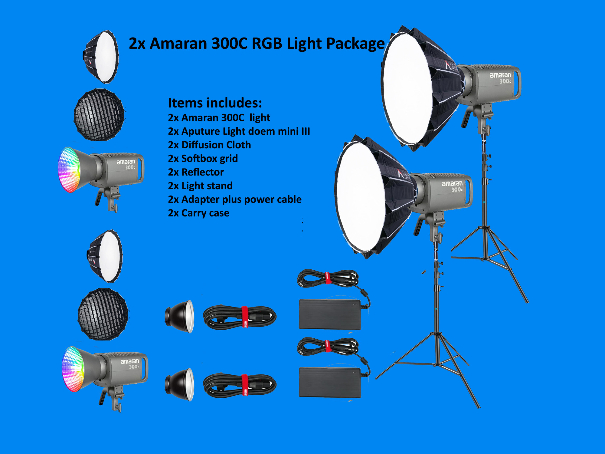 2x aputure amaran 300c  +  2x light dome mini iii rgbww cob led video continuous lighting 300w cct 2500k-7500k bowens mount point-source led 26,580 