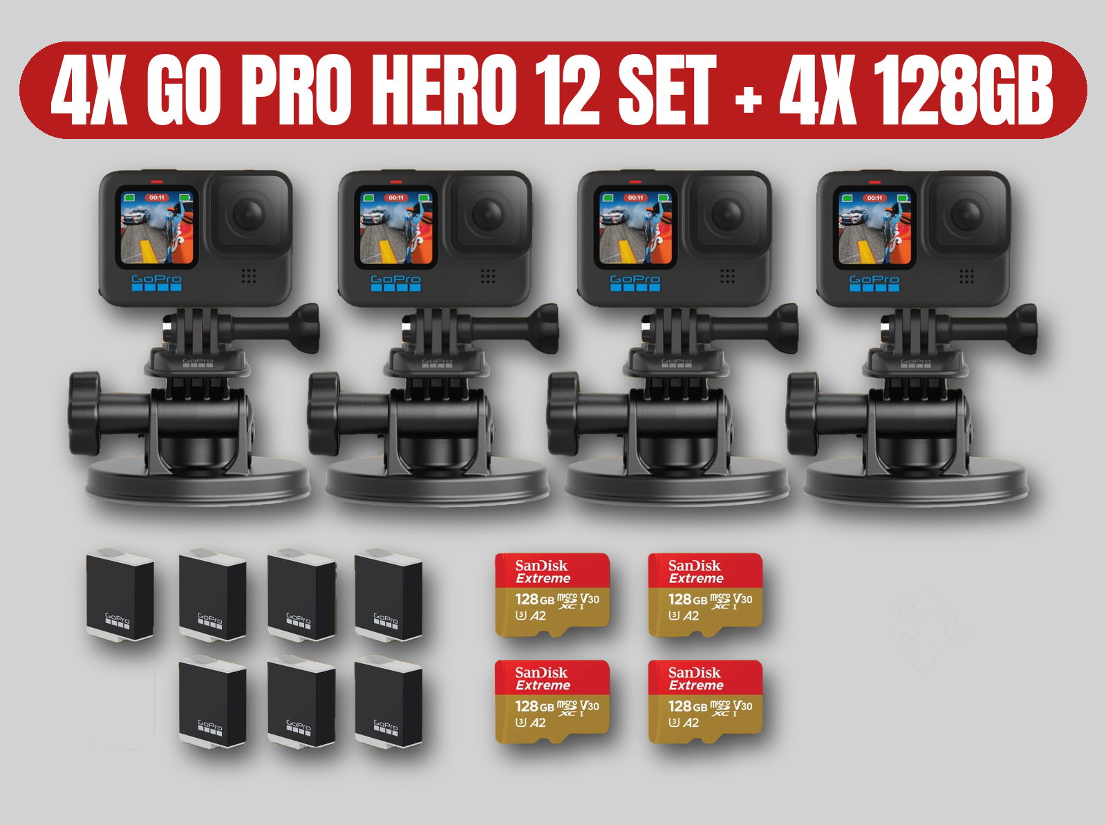 Gopro hero 12 cameras (x4) | multi-angle set / 4x 128gb sd cards / 8x batteries / suction mounts