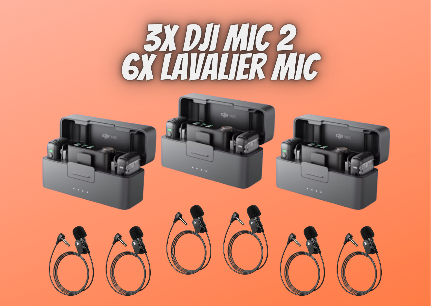 3x dji mic 6 lavalier microphone, noise cancelling, 48khz 32-bit float internal recording, 820 ft.(250m) range, 18h battery,