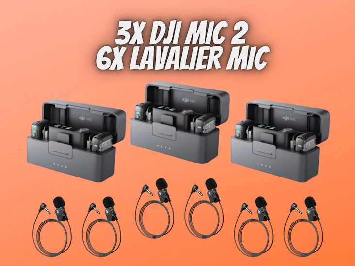 3x dji mic 6 lavalier microphone, noise cancelling, 48khz 32-bit float internal recording, 820 ft.(250m) range, 18h battery,