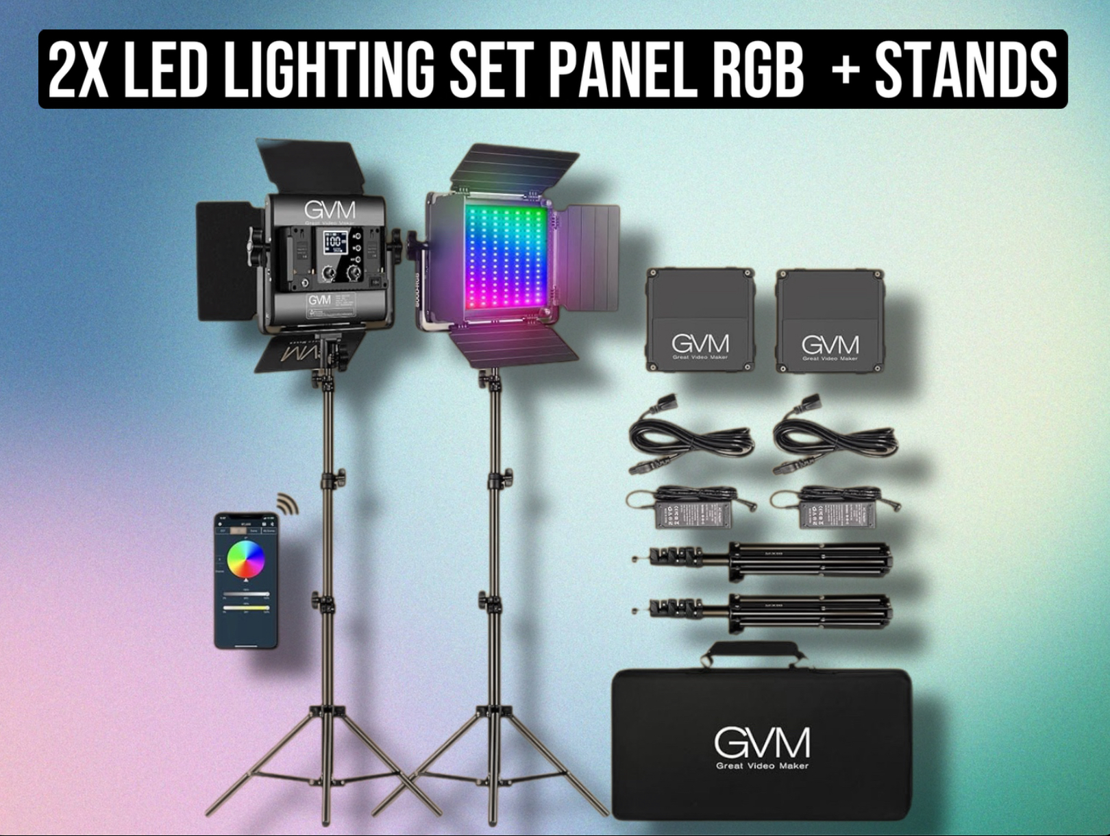 2x rgb led light panels + stands – full lighting kit for film, photography & studio | gvm rgb led panel light set 800d, soft light, adjustable color temperature, app control, video light kit