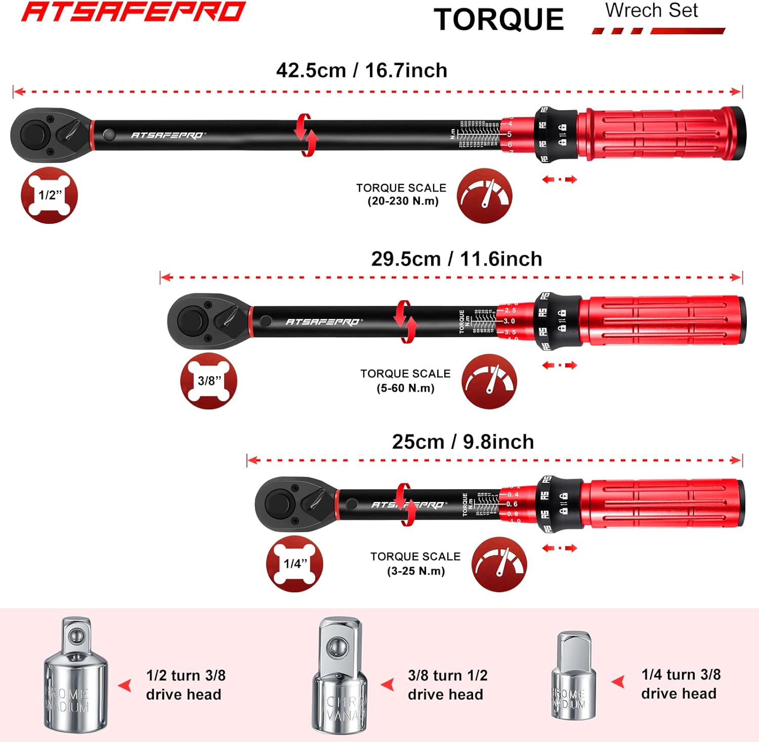 3 momentnycklar [3–25nm] [5–60nm] [20–230nm] med 1/4 tum till 3/8 tum till 1/2 tum tre adaptrar