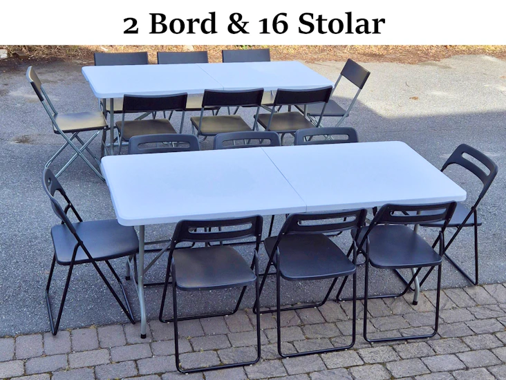 2 fällbord och 16 stolar