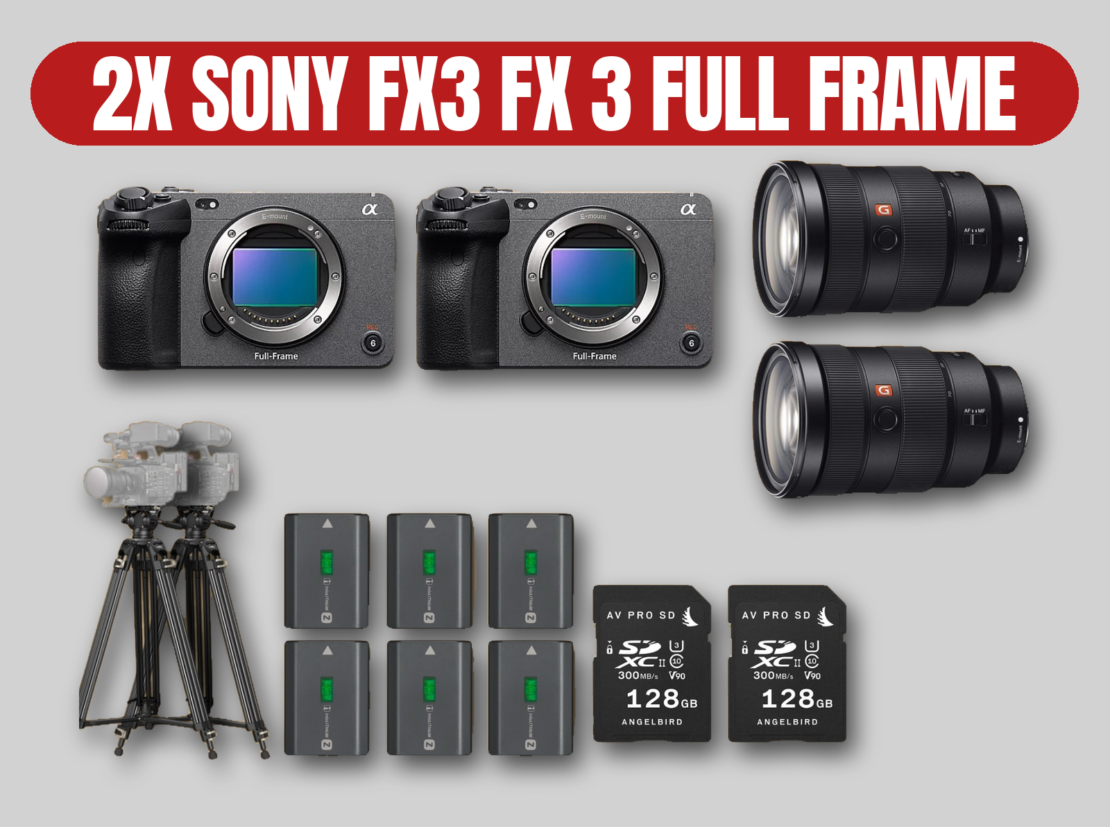 2x sony fx3 fx3 full frame camera kit | 2x sony 24-70mm f2.8 gmaster gm zoom lens | 2x tripods