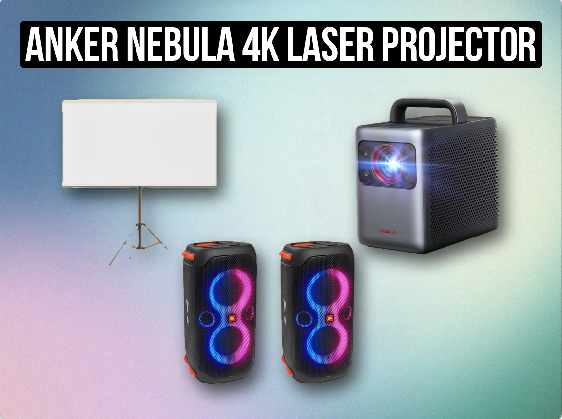 Anker nebula 4k laser projector + projection screen + 2× jbl partybox speakers | portable battery powered cinema kit (like “nebula cosmos / capsule max”)